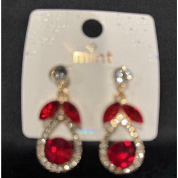Mint Faux Crystal Ruby Red Gold Rhinestone Earrings Party Wedding Cruise NEW - Picture 5 of 5